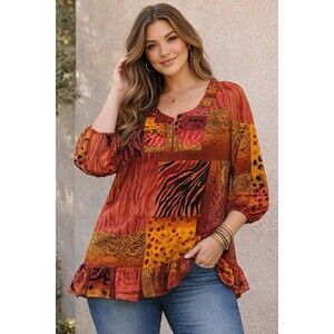 Y2K Boho Animal Print Patchwork Tunic Blouse Plus Size 16 Sheer Festival Top